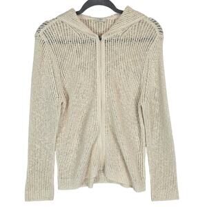 J.Jill Cream Mesh Linen Blend Hooded Sweater Jacket L Light Knit Minimal Classic